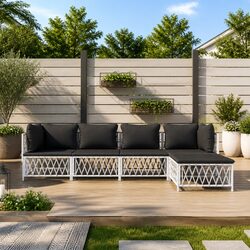 5 Piece Garden Lounge Set White Steel Frame Outdoor Furniture with Cushions