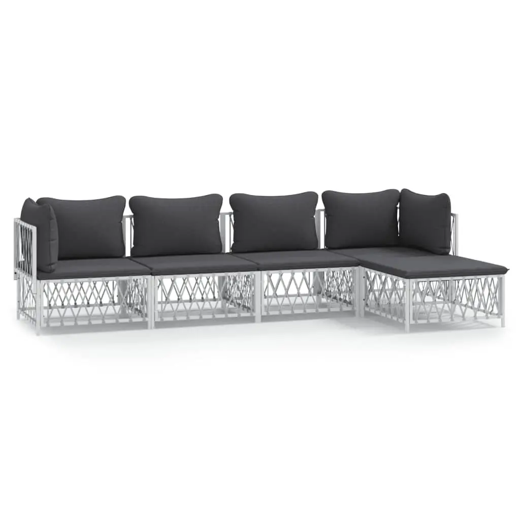 5 Piece Garden Lounge Set White Steel Frame Outdoor Furniture with Cushions