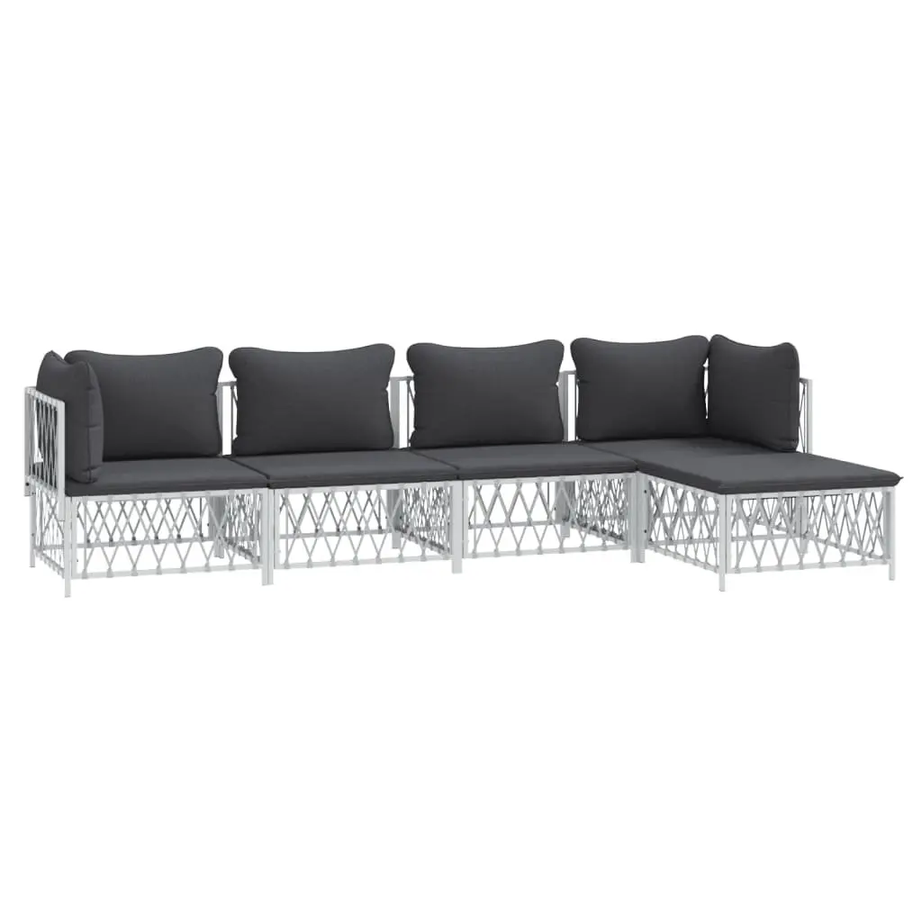 5 Piece Garden Lounge Set White Steel Frame Outdoor Furniture with Cushions