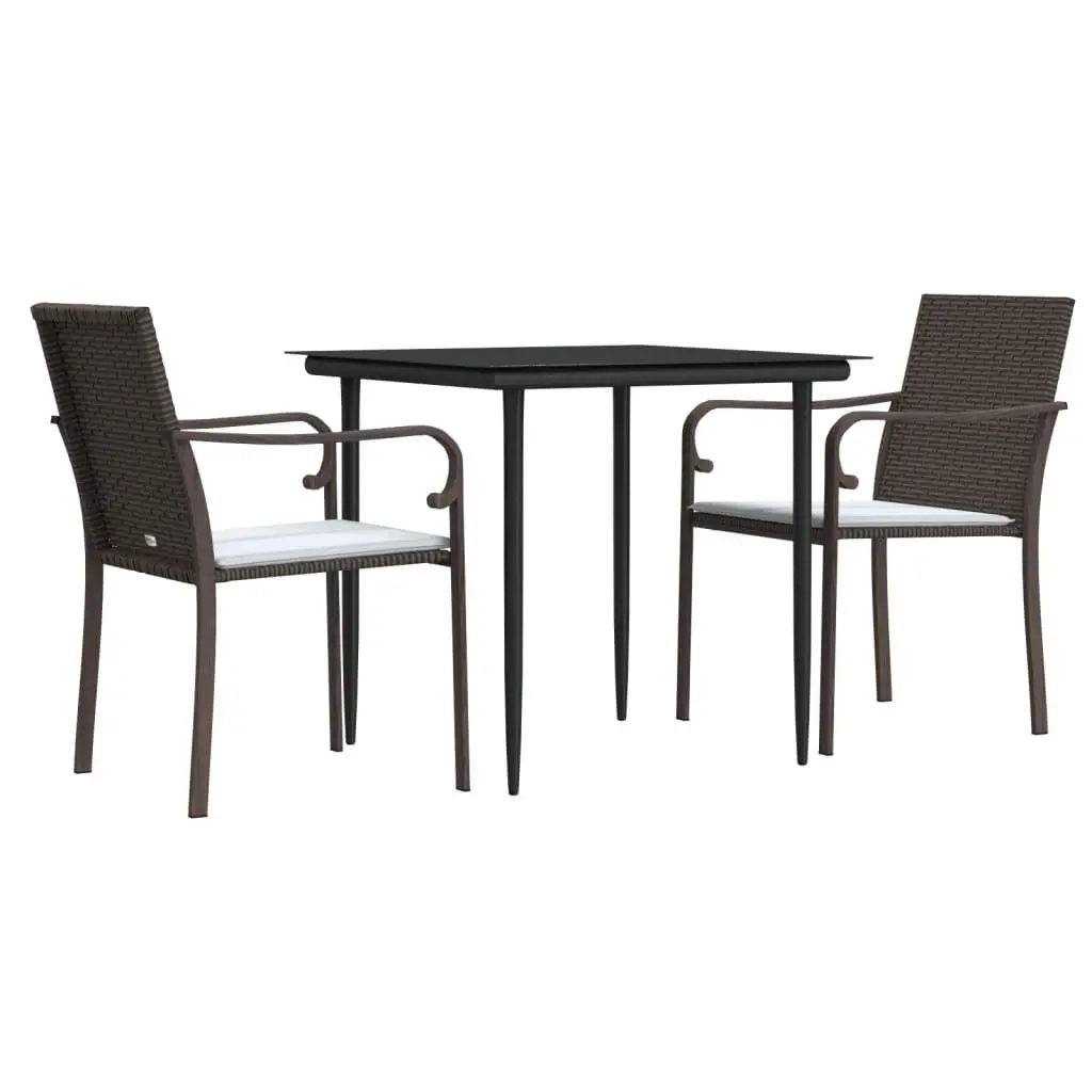 Garden Dining Set 3 Piece Outdoor Furniture Cushioned Brown Poly Rattan Steel Frame