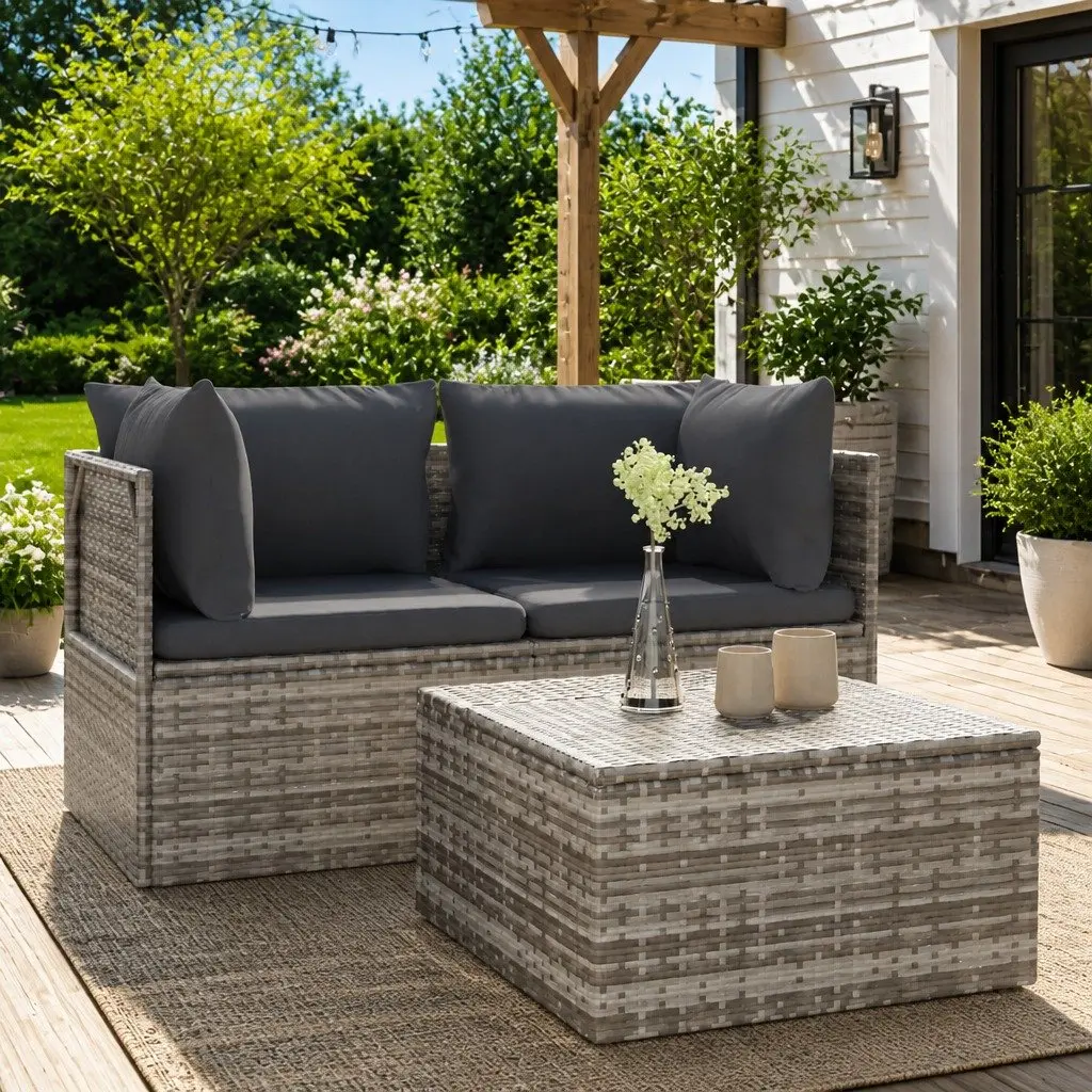 3 Piece Outdoor Sofa Set Garden Lounge with Cushions Grey Poly Rattan Furniture