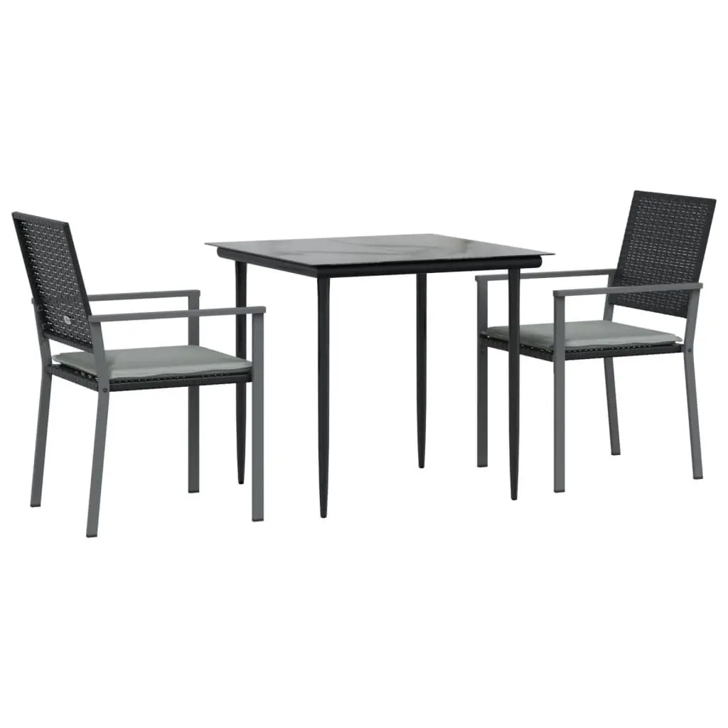 Garden Dining Set 3 Piece Outdoor Furniture Dining Table and Chairs with Cushions Black Poly Rattan Steel