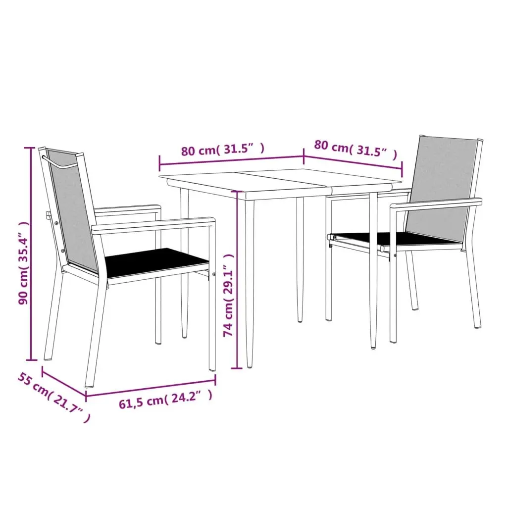 Garden Dining Set 3 Piece Outdoor Furniture Table Chairs Black