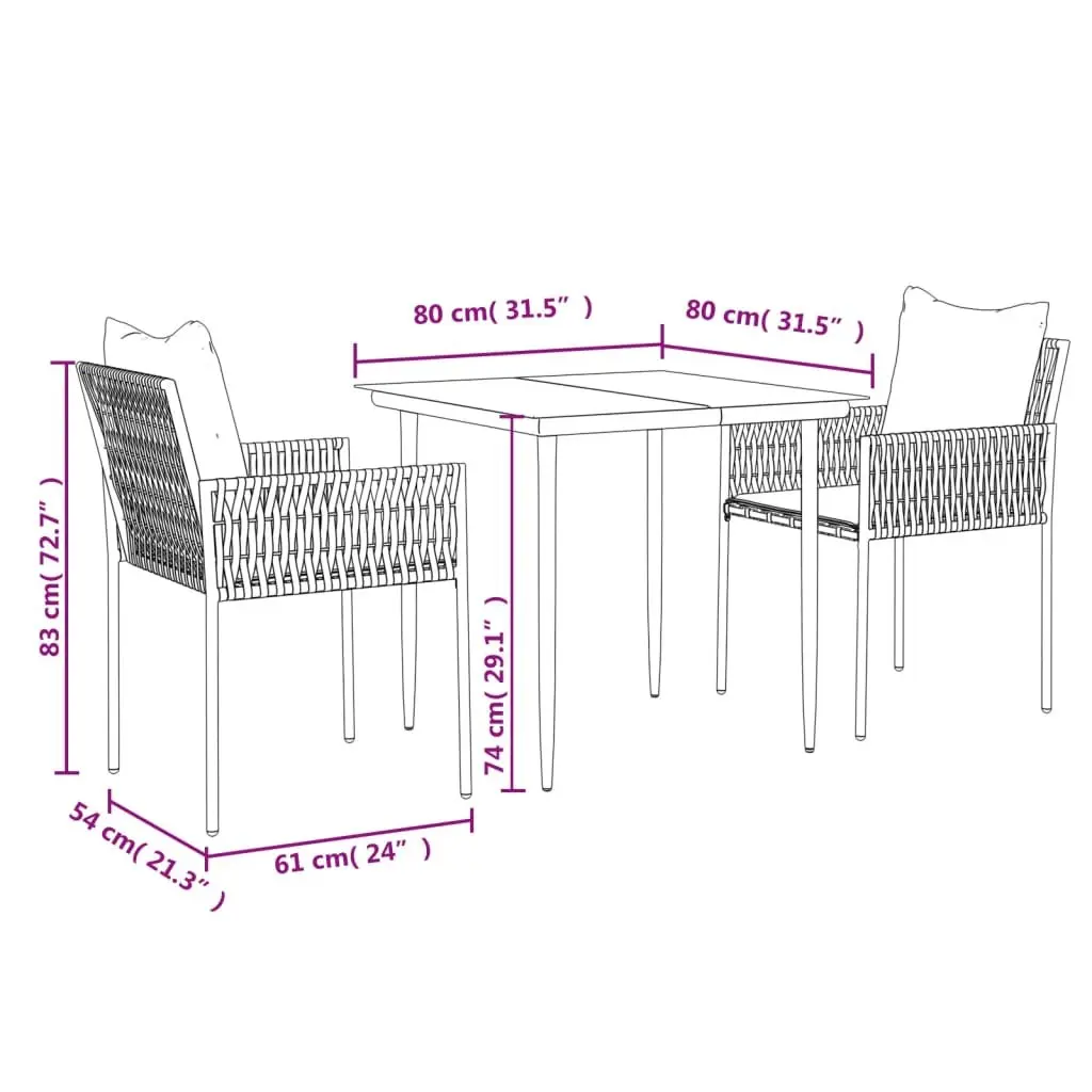 Garden Dining Set 3 Piece Outdoor Furniture PE Rattan Steel Frame Brown