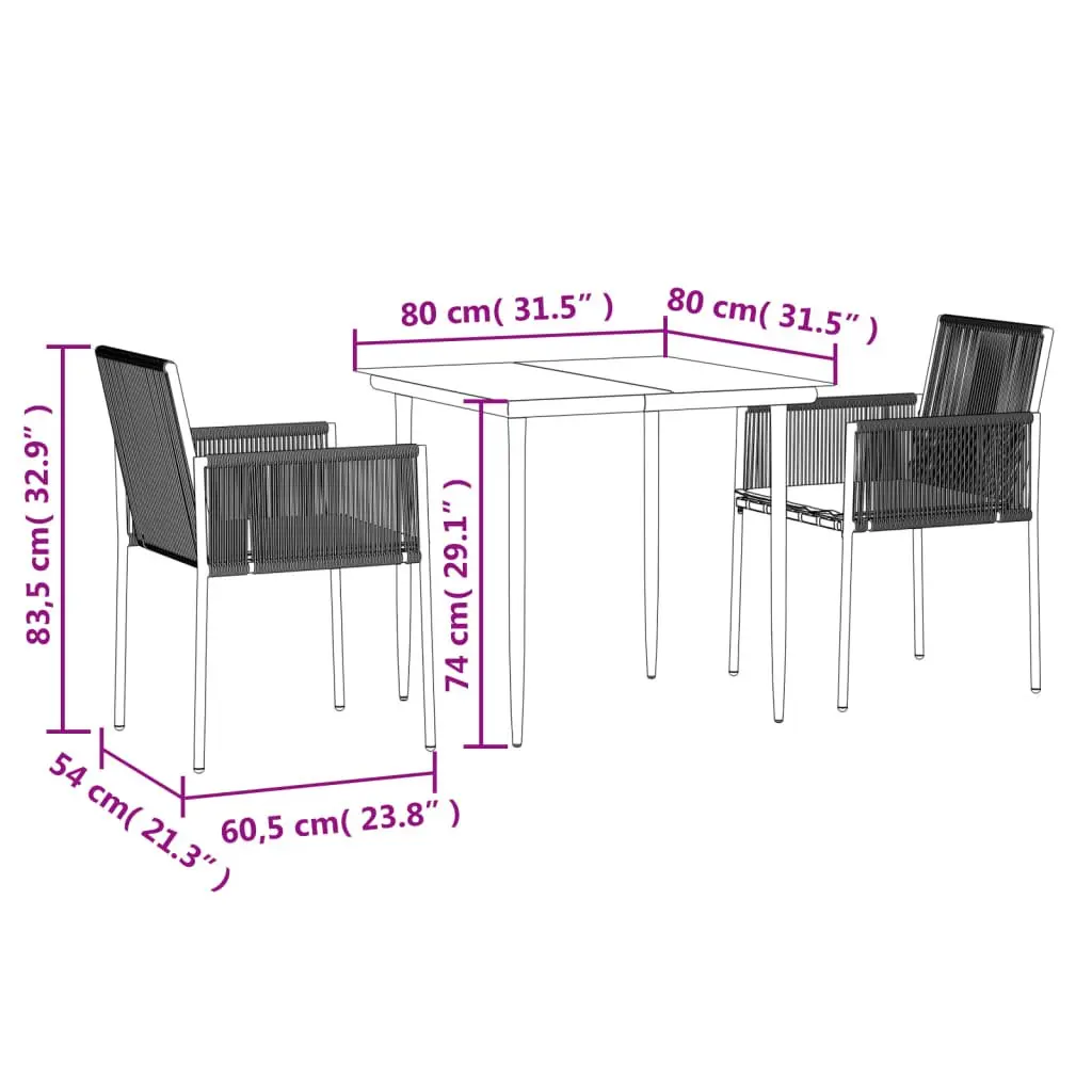 Garden Dining Set 3 Piece Outdoor Furniture Black PE Rattan Steel Frame