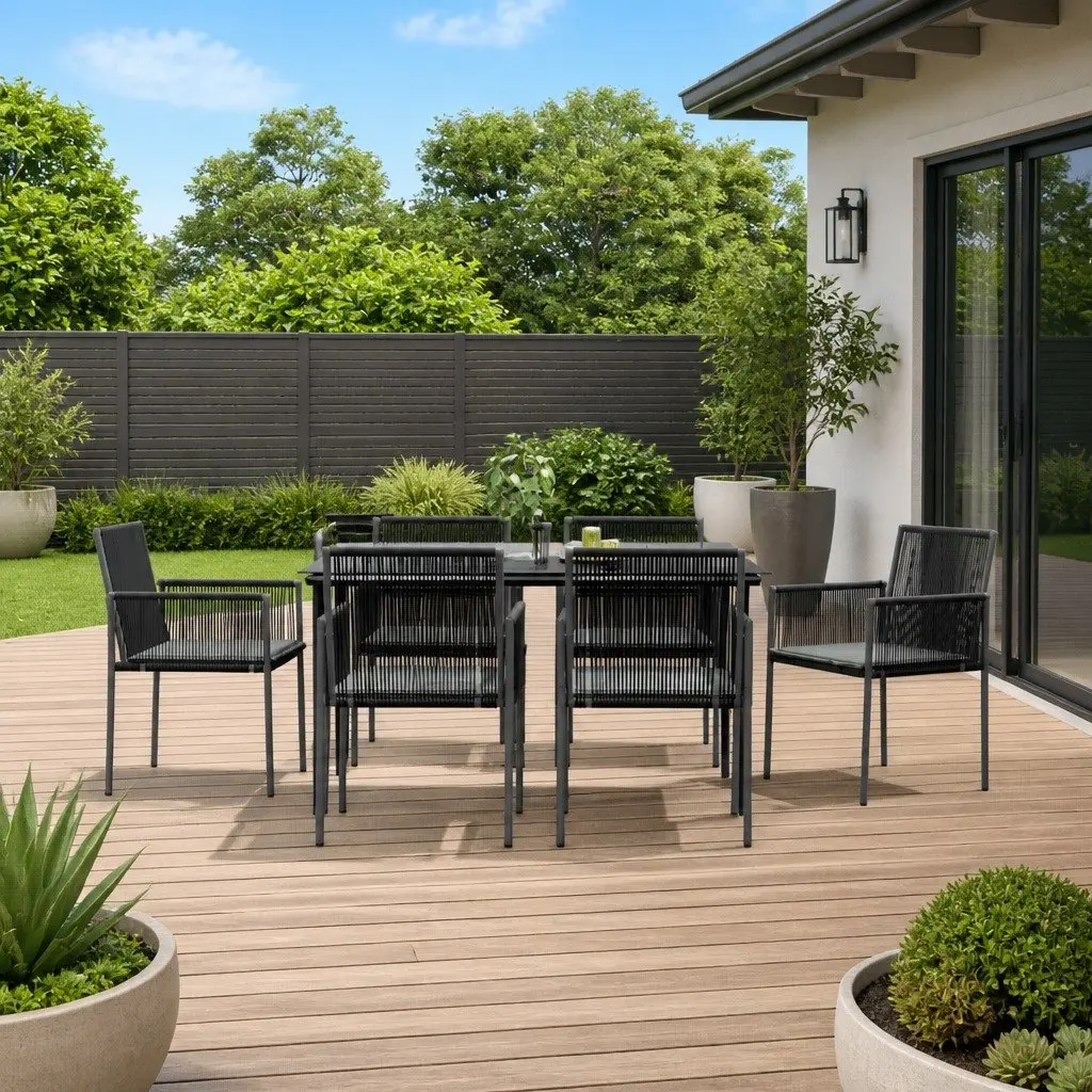7 Piece Garden Dining Set Outdoor Furniture Dining Table with Tempered Glass Top and Black PE Rattan Steel Frame Chairs