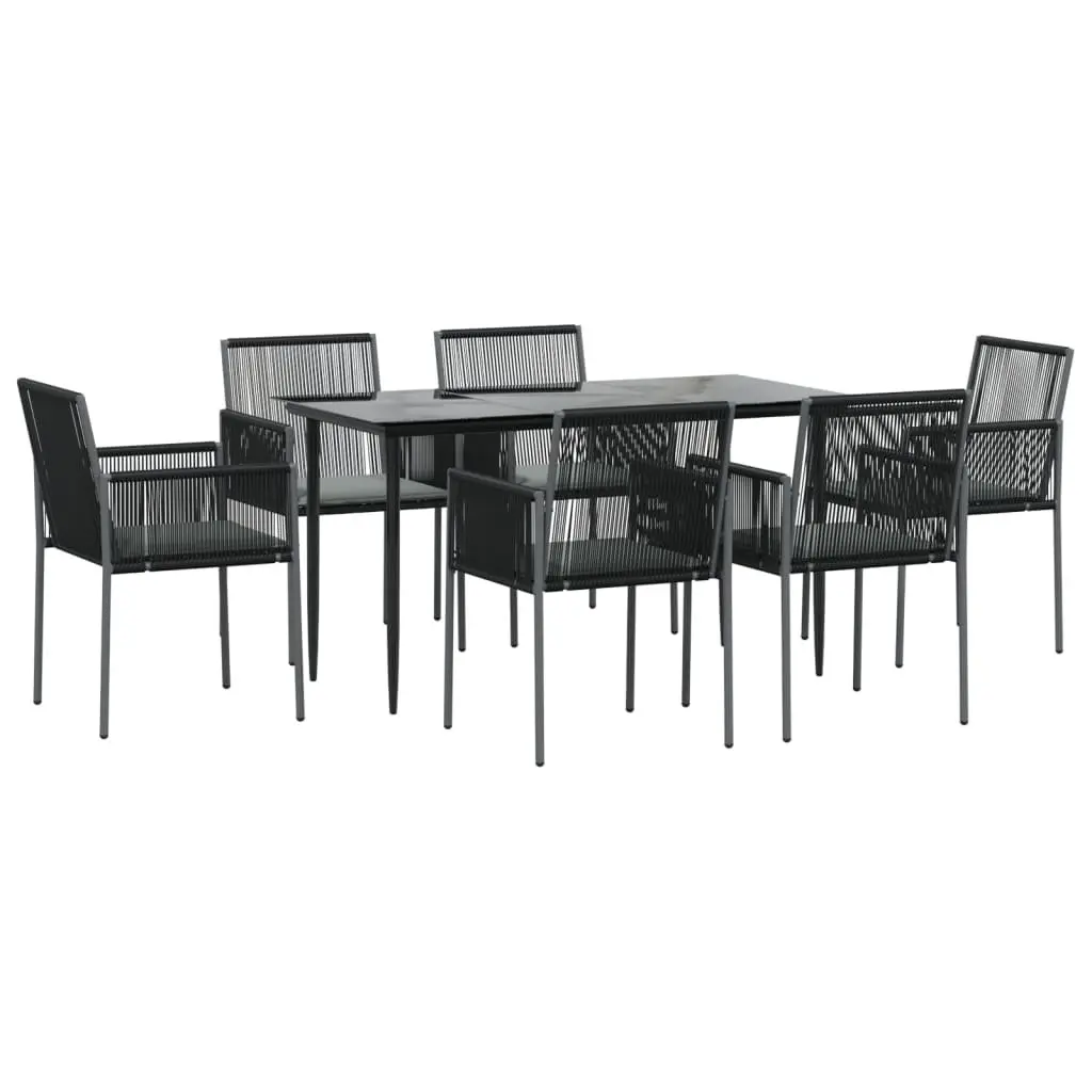 7 Piece Garden Dining Set Outdoor Furniture Dining Table with Tempered Glass Top and Black PE Rattan Steel Frame Chairs