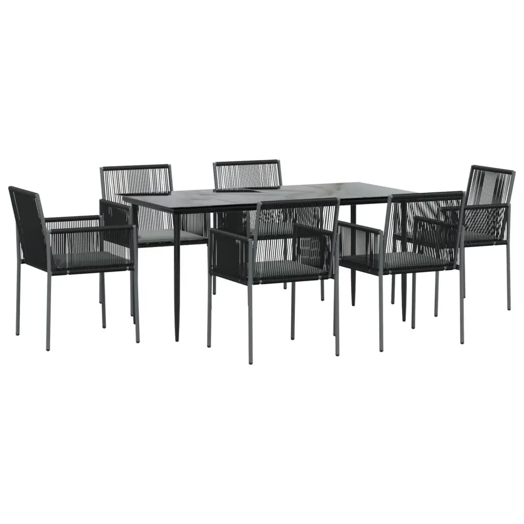 Outdoor Dining Set 7 Piece Black Poly Rattan Steel Frame Glass Top for Garden Patio