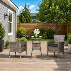 Comfortable 3 Piece Garden Bistro Set with Grey Cushions