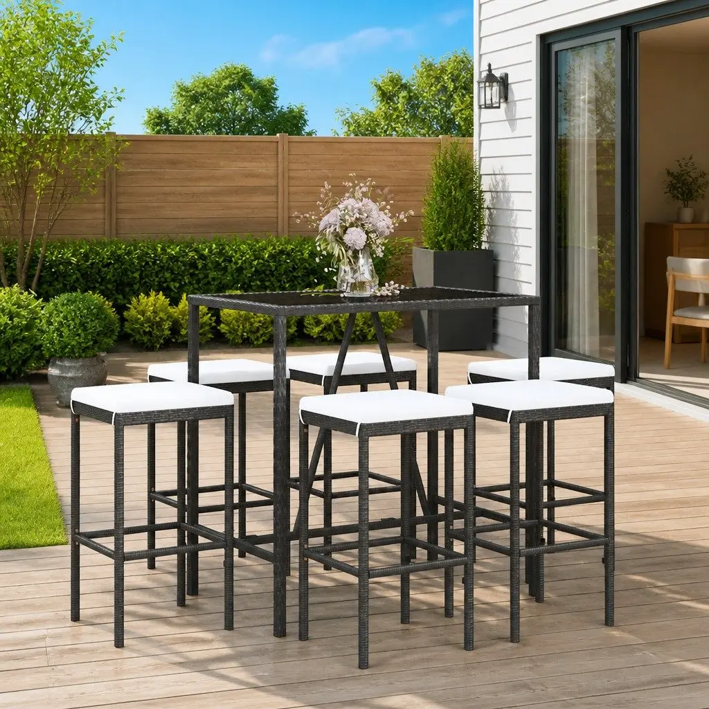 7 Piece Black Rattan Garden Bar Set