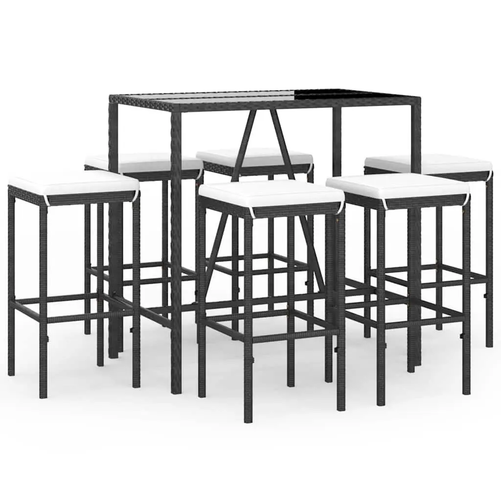 Outdoor Bar Set 7 Piece Cushioned Black Rattan Furniture for Patio Garden Space