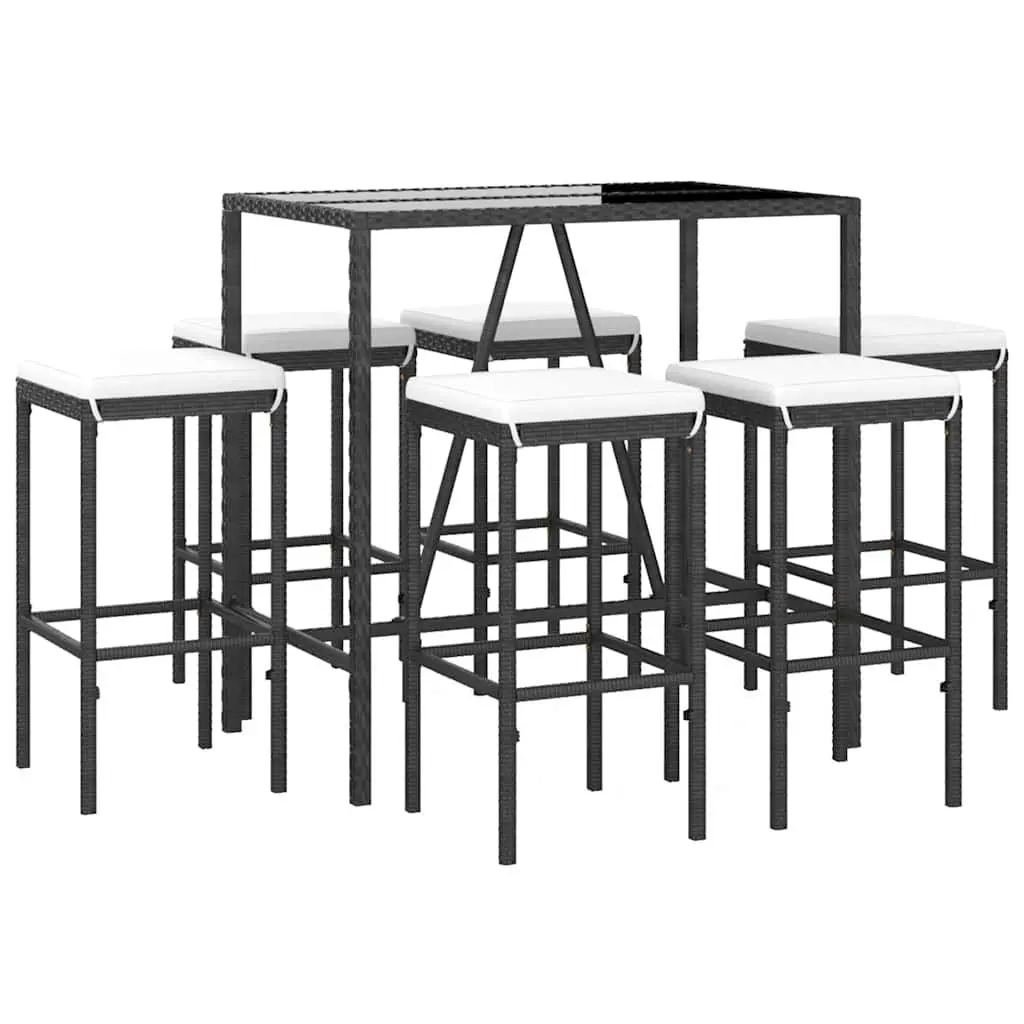 Outdoor Bar Set 7 Piece Cushioned Black Rattan Furniture for Patio Garden Space