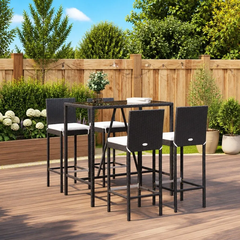 Outdoor Bar Set 5 Piece Black Poly Rattan with Cushions Patio Furniture