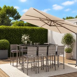 Outdoor Bar Set 9 Piece Grey Poly Rattan Garden Patio Furniture with Cushions