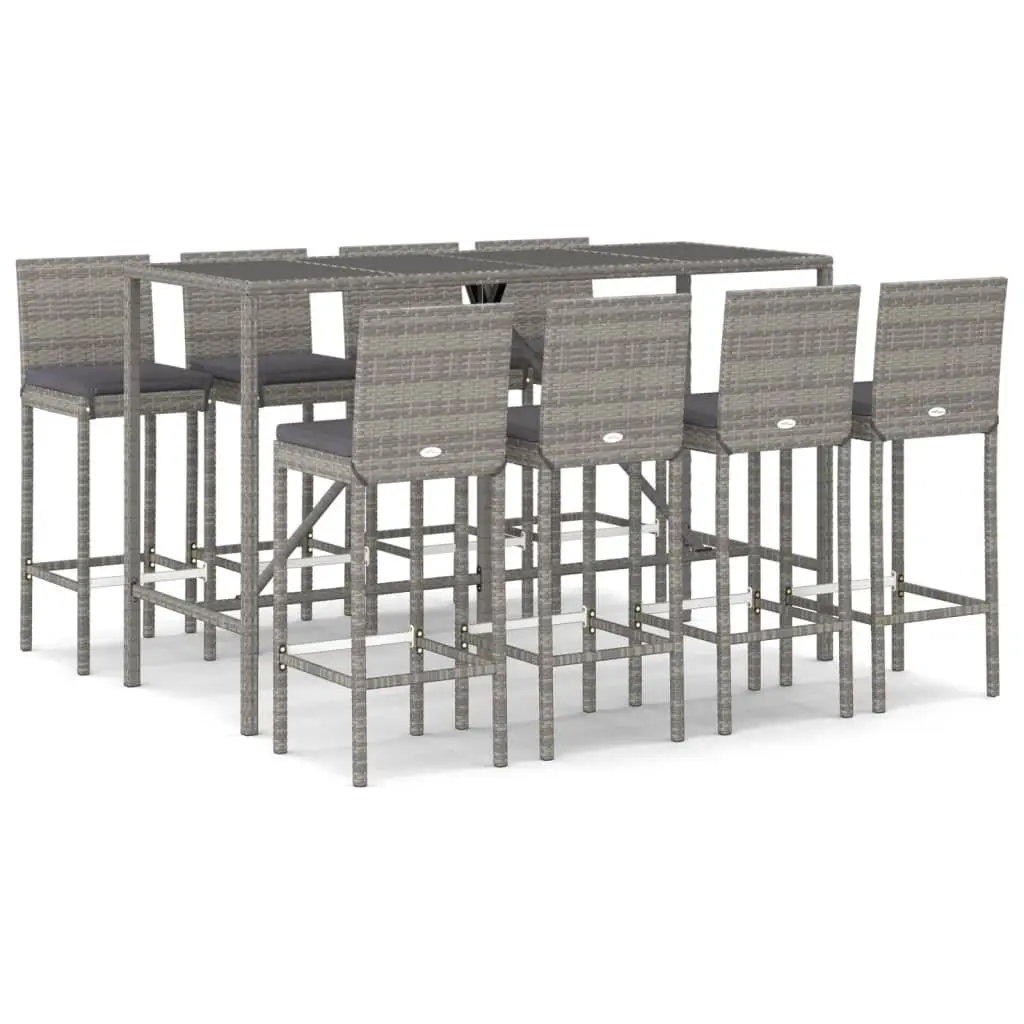 9 Piece Grey Bar Set Poly Rattan Outdoor Furniture with Cushions for Patio Garden