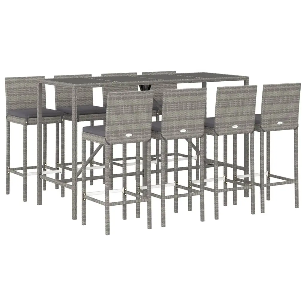 9 Piece Grey Bar Set Poly Rattan Outdoor Furniture with Cushions for Patio Garden