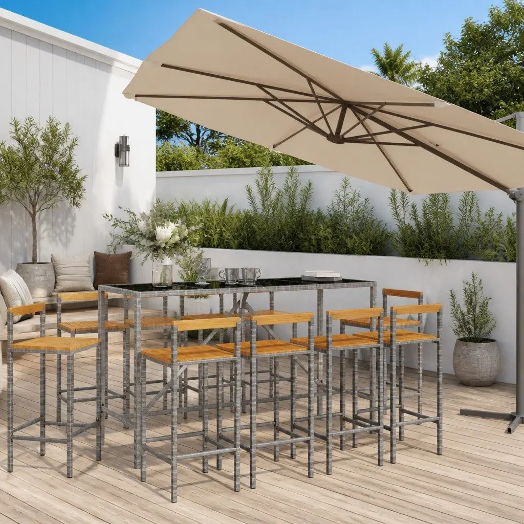 Garden Bar Set 11 Piece Outdoor Furniture Grey Poly Rattan Patio Seating