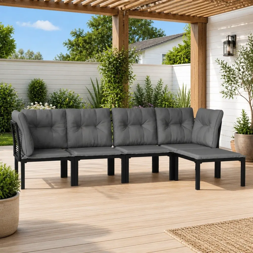 5 Piece Outdoor Lounge Set Modular Garden Sofa Black Grey Poly Rattan Furniture