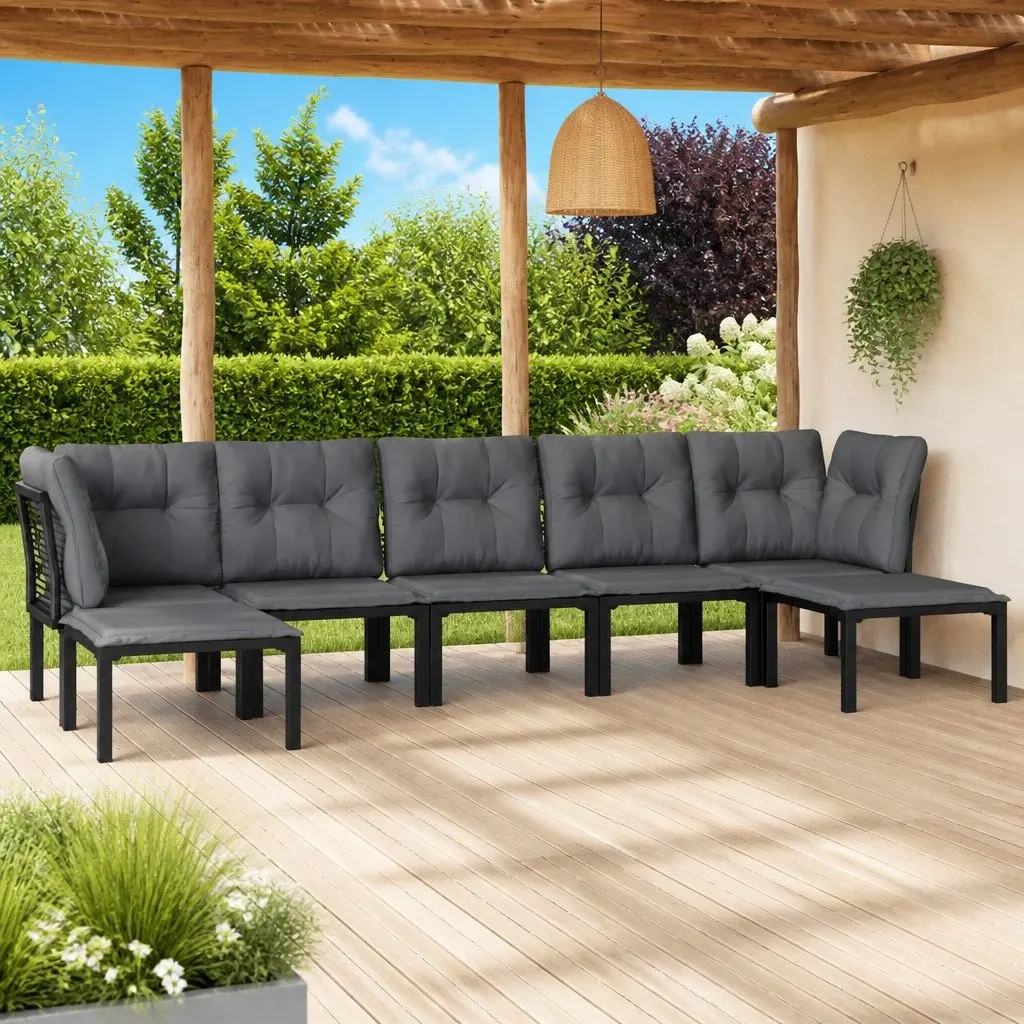 Modular Garden Lounge Set for Outdoor Relaxation 7 Piece Black Grey PE Rattan Furniture