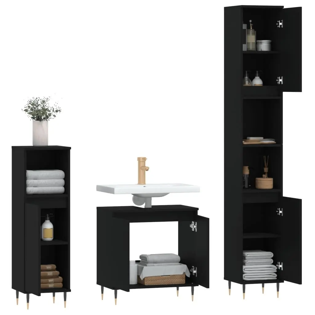 3 Piece Bathroom Cabinet Set Black Storage Furniture Engineered Wood Modern