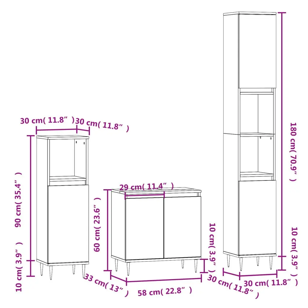 3 Piece Bathroom Cabinet Set Black Storage Furniture Engineered Wood Modern