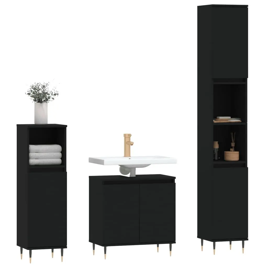 3 Piece Bathroom Cabinet Set Black Storage Furniture Engineered Wood Modern