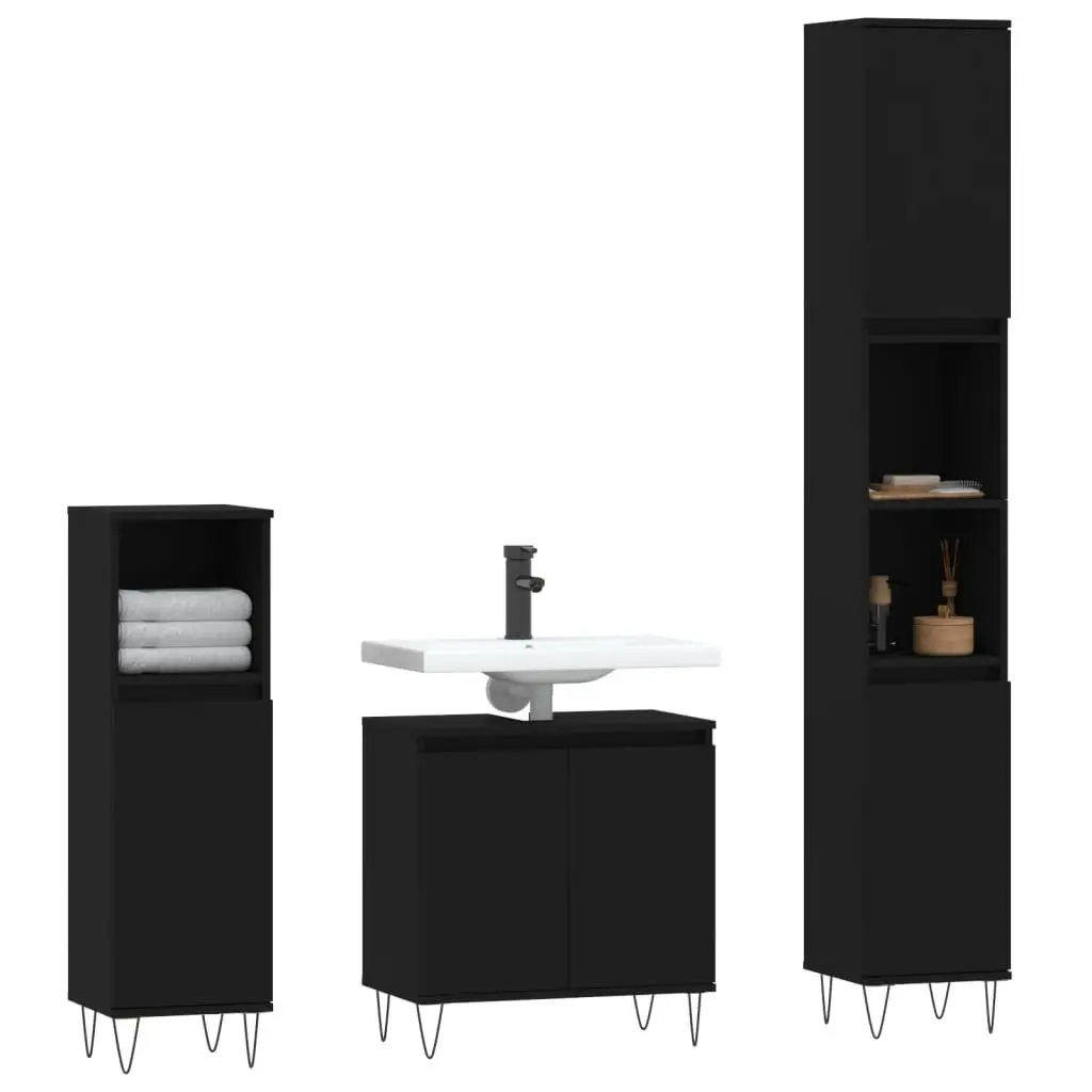 Bathroom Cabinet Set Storage 3 Piece Black Engineered Wood