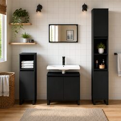 3 Piece Bathroom Cabinet Set Black Storage Furniture Engineered Wood Vanity Unit