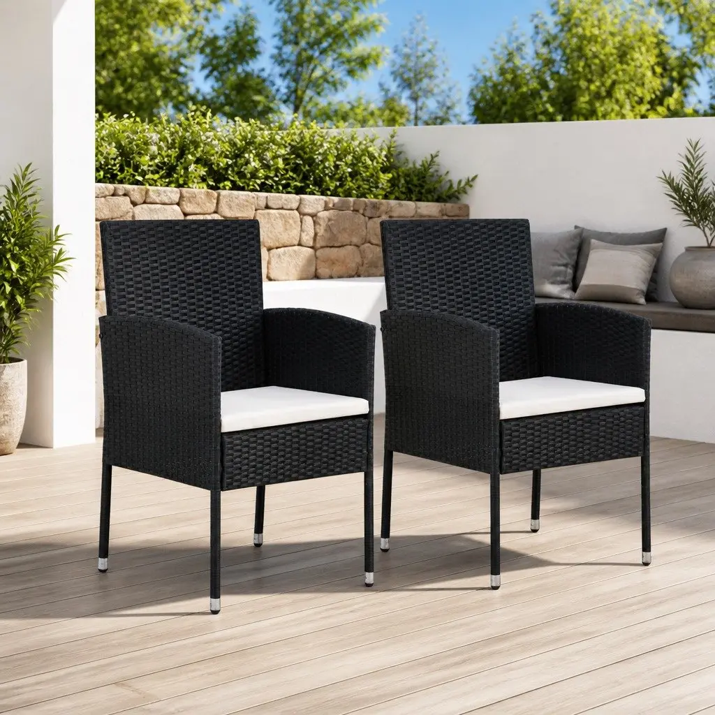 Outdoor Garden Chairs Set of 2 Cushioned Black Poly Rattan Patio Seating