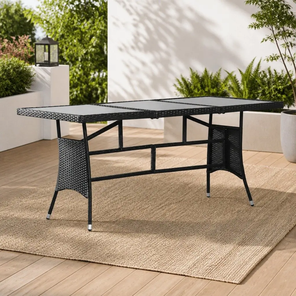 Black Rattan Garden Table with Tempered Glass Top