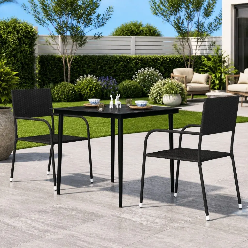Dining Table Black Steel Frame Glass Top Outdoor Garden Balcony Patio