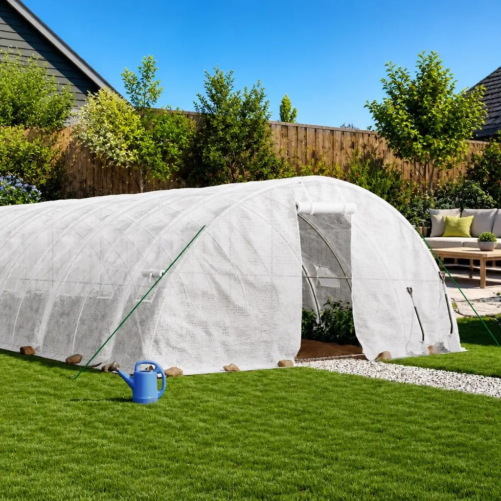 Greenhouse 70m² Garden Plant House 14x5x2.3m White Steel Frame Roll-up Door