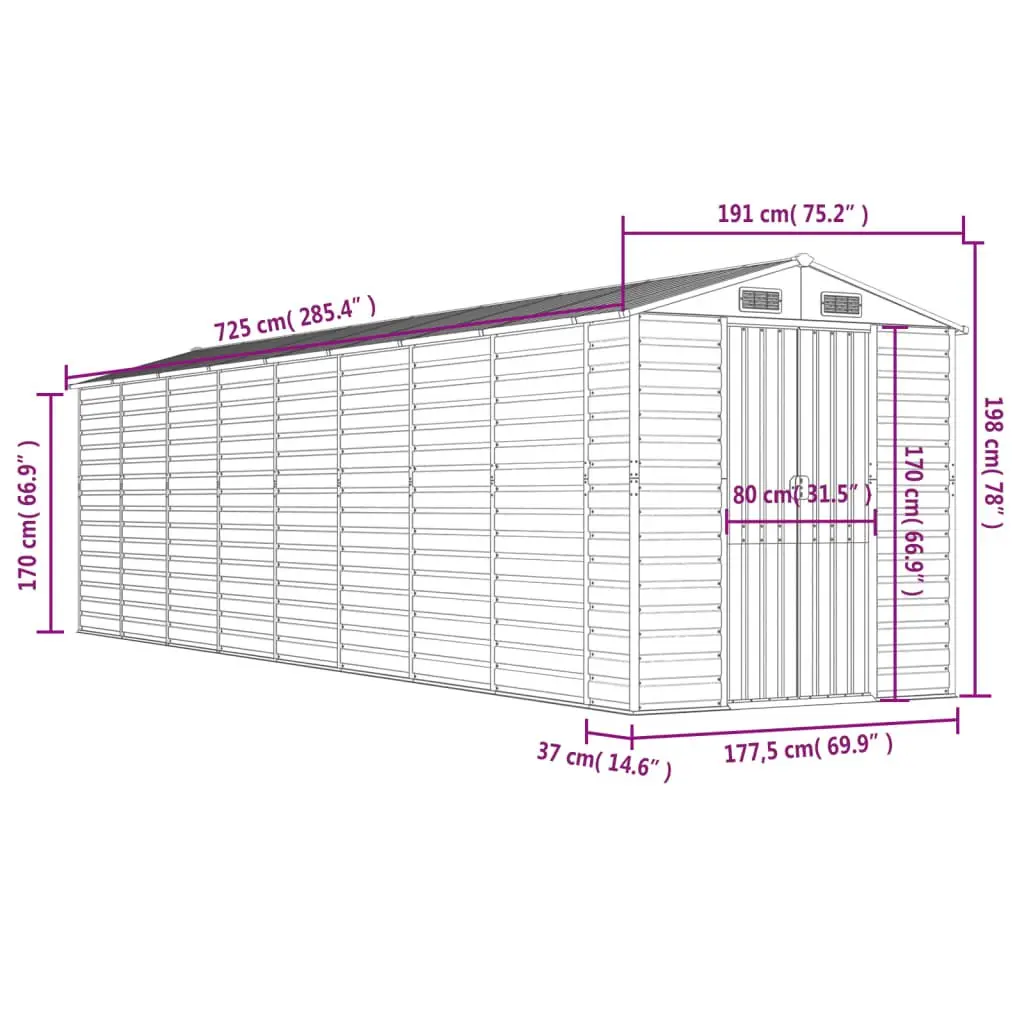 Garden Shed Outdoor Storage Tool House Galvanised Steel Grey 191x725x198 cm