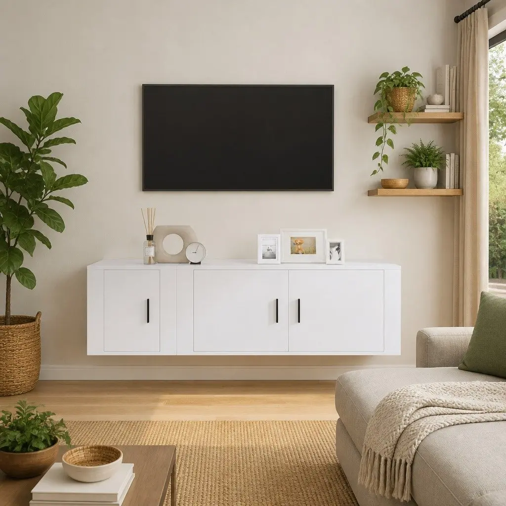 TV Cabinet Set 2 Piece Wall-Mounted Media Storage White Engineered Wood