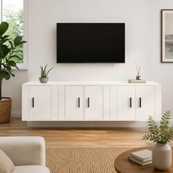 3 Piece White TV Cabinet Set Wall-Mounted Media Storage Engineered Wood