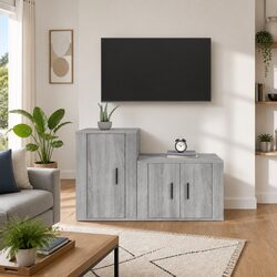 Durable 2 Piece Grey Engineered Wood TV Cabinet Set