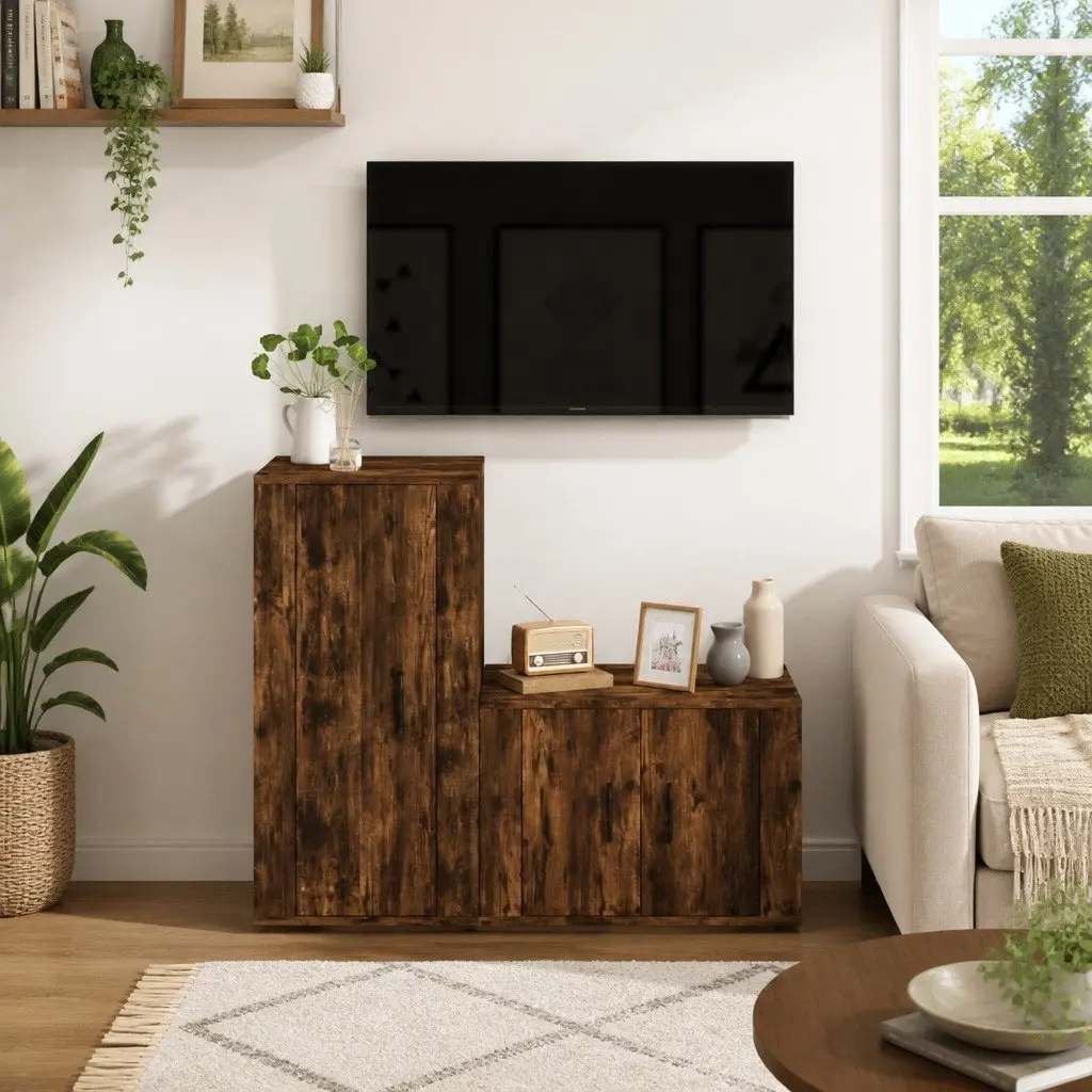 TV Cabinet Set Wall-Mounted Storage Unit Engineered Wood Brown Organiser