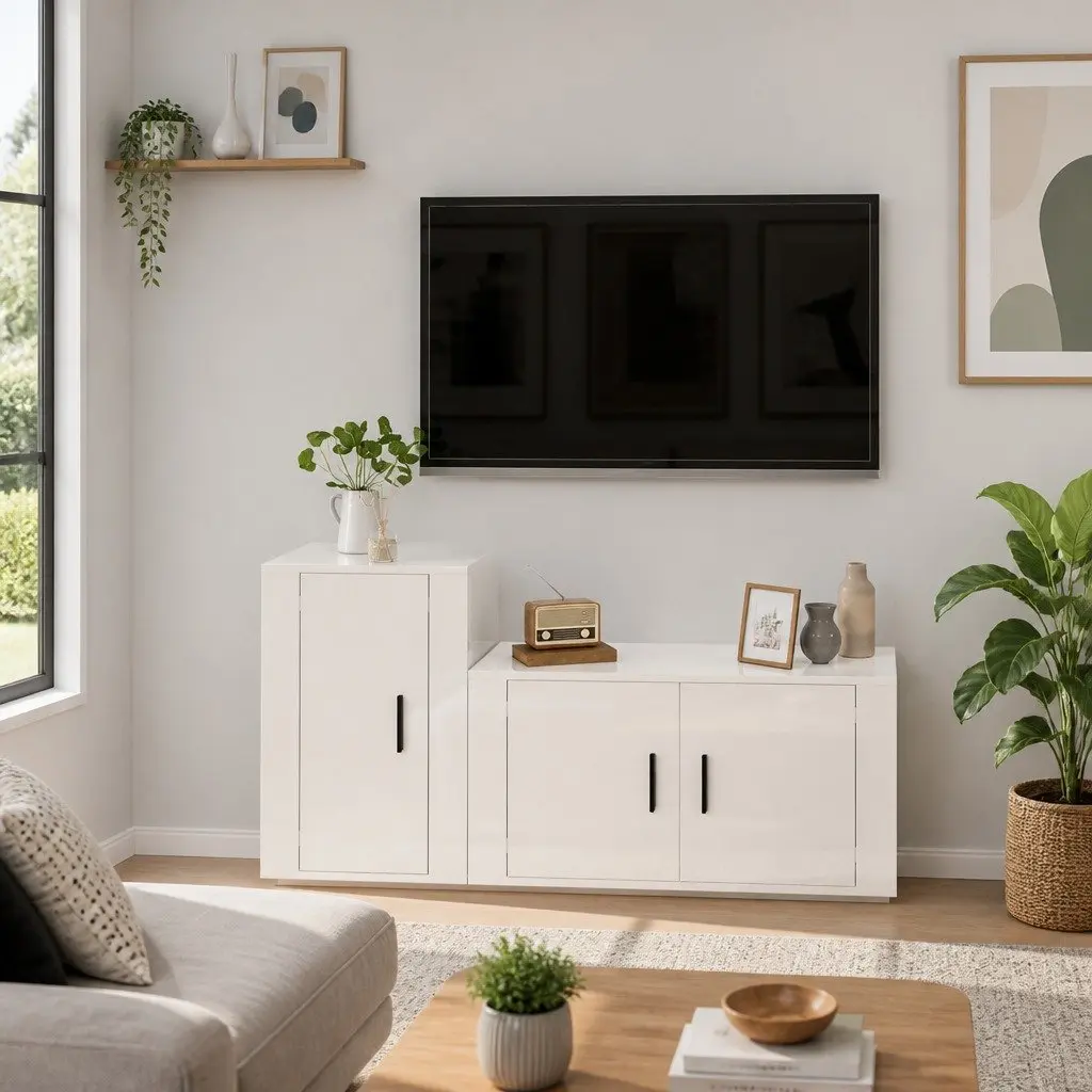 TV Cabinet Set 2 Piece Wall Mounted High Gloss White Engineered Wood Storage