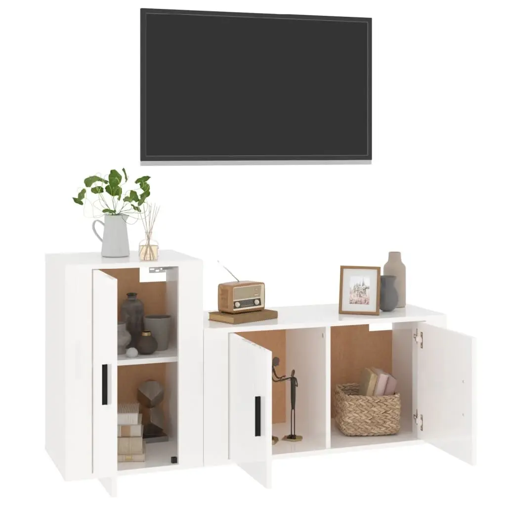 TV Cabinet Set 2 Piece Wall Mounted High Gloss White Engineered Wood Storage