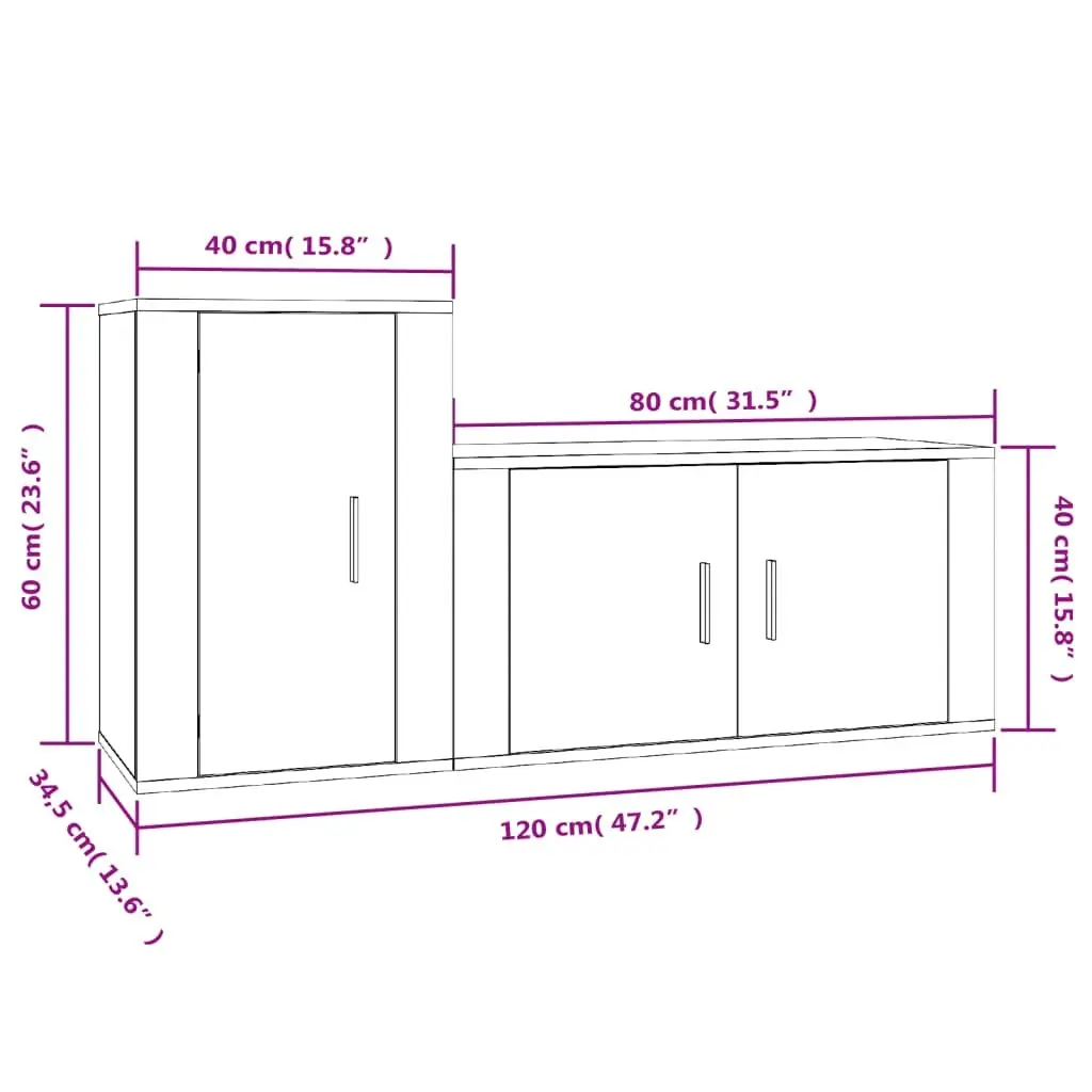 TV Cabinet Set 2 Piece Wall Mounted High Gloss White Engineered Wood Storage