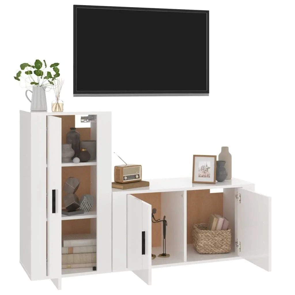 2 Piece TV Cabinet Set White High Gloss Wall-Mounted Storage Unit Engineered