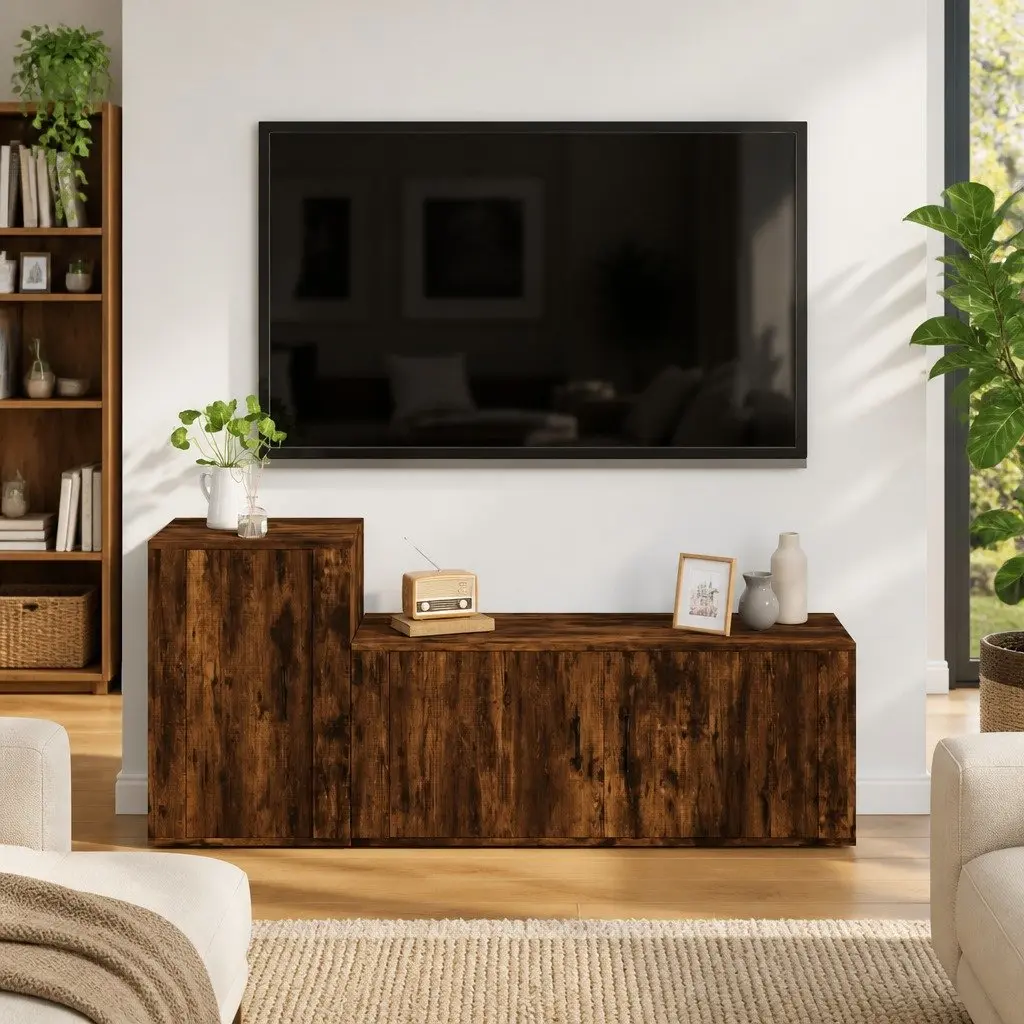 TV Cabinet Set Wall-Mounted Storage Unit Engineered Wood Smoked Oak Brown