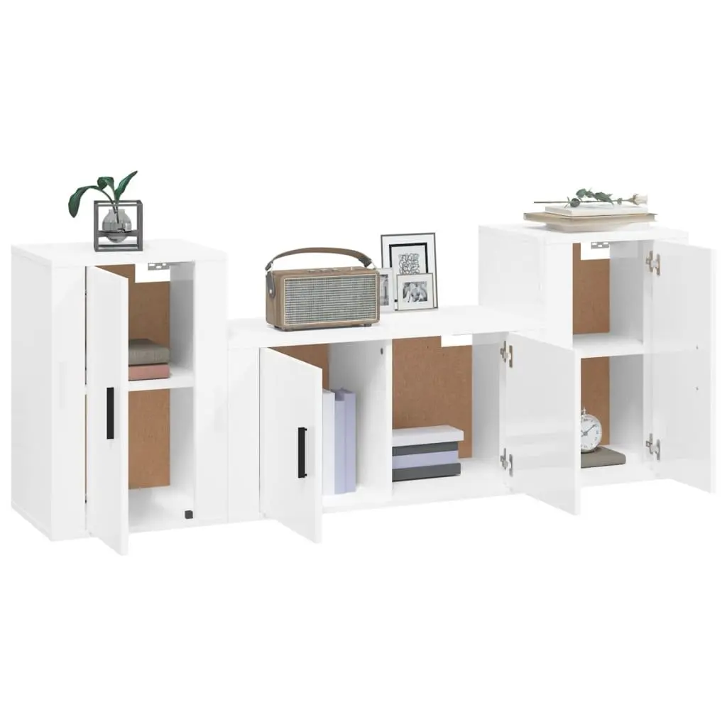 3 Piece TV Cabinet Set Wall Mounted Storage High Gloss White Engineered Wood