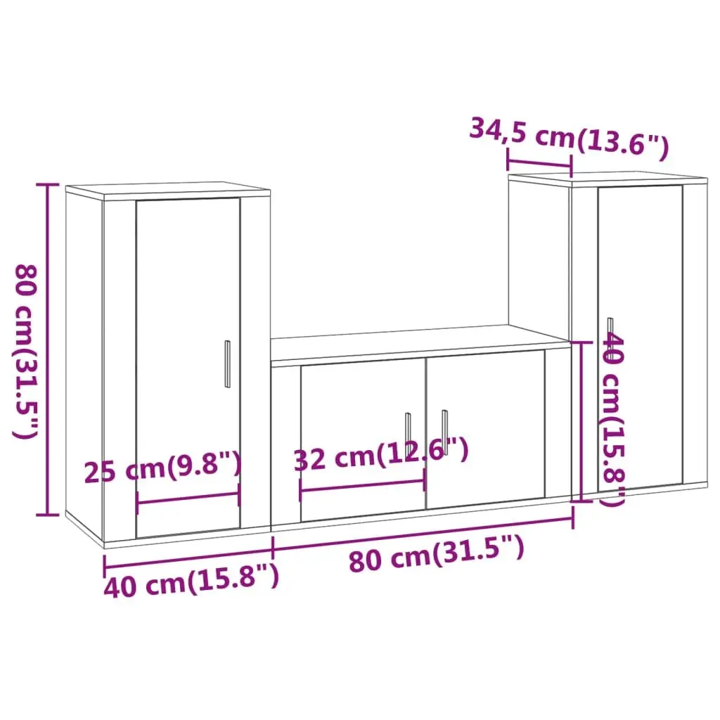 3 Piece TV Cabinet Set Wall-Mounted Storage Unit White Engineered Wood