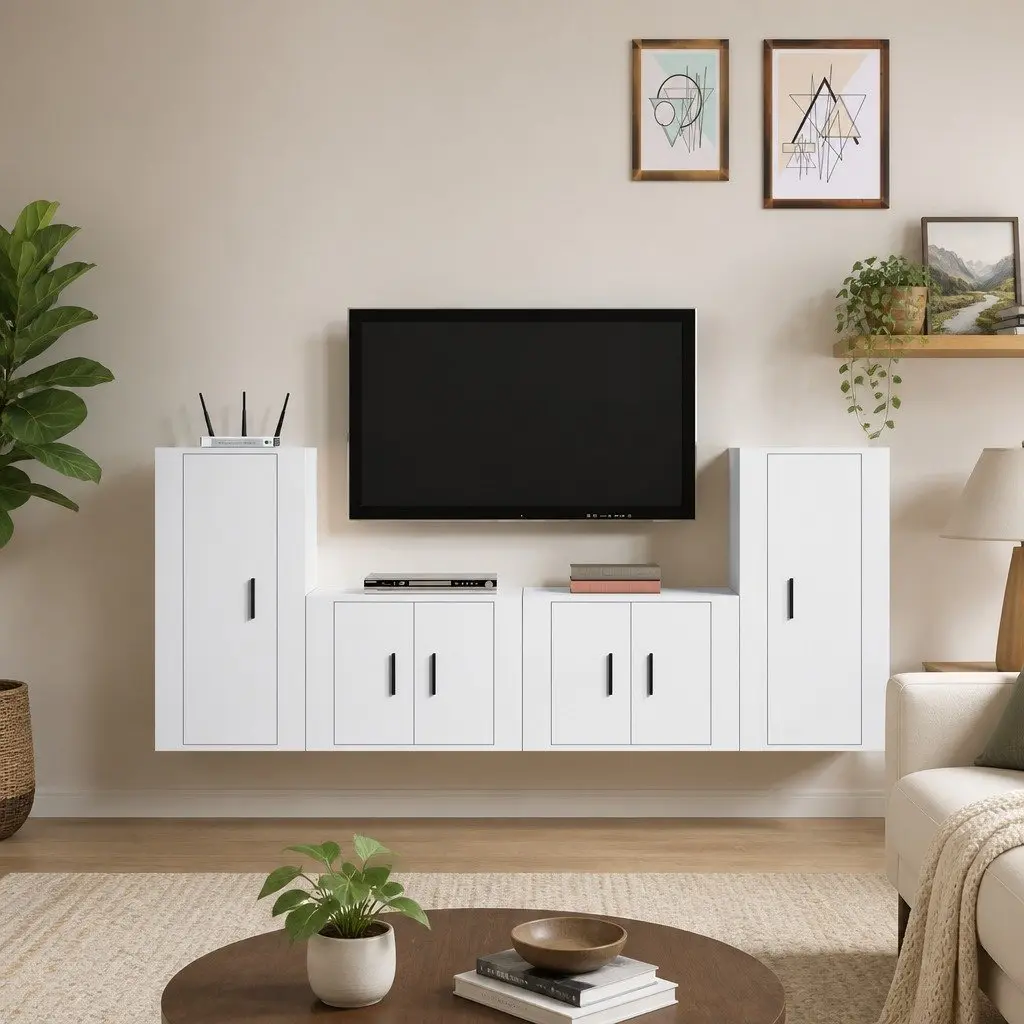 TV Cabinet Set 4 Piece White Wall-Mounted Engineered Wood Storage Unit
