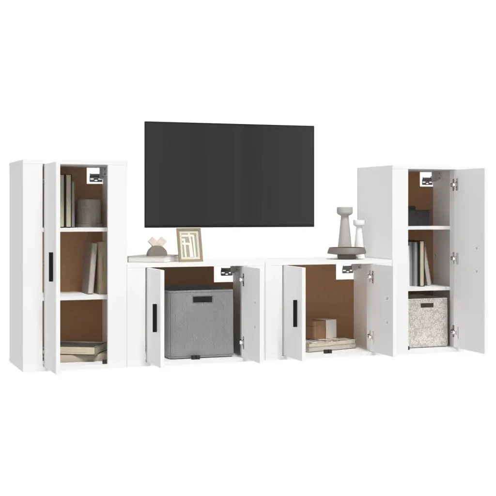 TV Cabinet Set 4 Piece White Wall-Mounted Engineered Wood Storage Unit