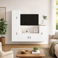 TV Cabinet Set 4 Piece White Wall-Mounted Storage Organiser Engineered Wood
