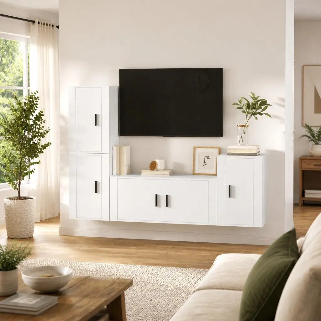 TV Cabinet Set 4 Piece Wall Mounted White Storage Unit Organiser Stand