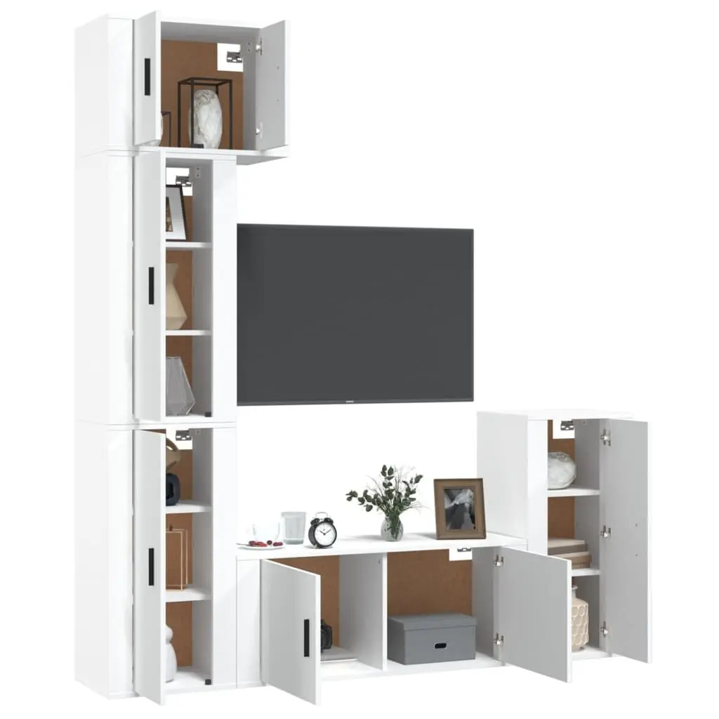 TV Cabinet Set 5 Piece White Wall-Mounted Storage Engineered Wood Furniture Unit