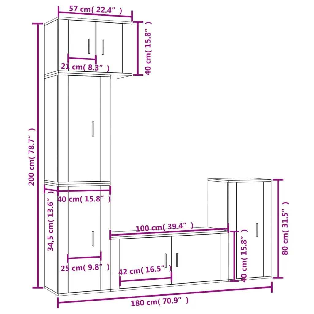 TV Cabinet Set 5 Piece White Wall-Mounted Storage Engineered Wood Furniture Unit